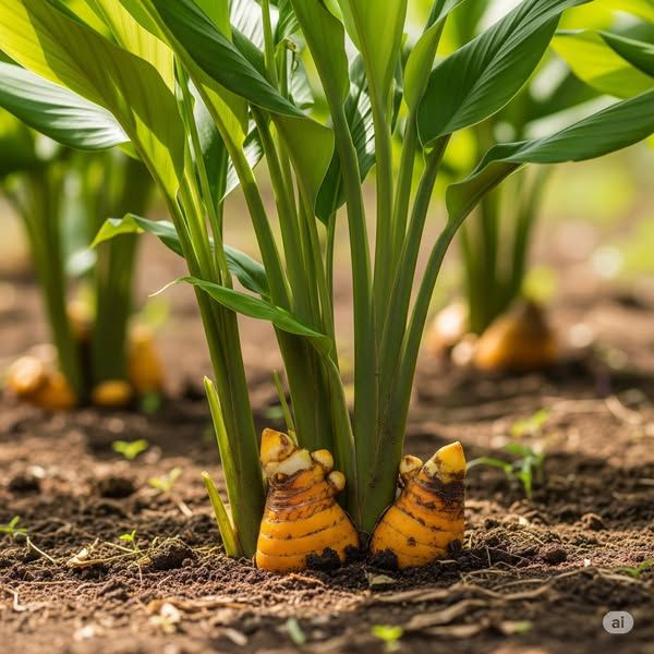 Organic turmeric plants growing in field